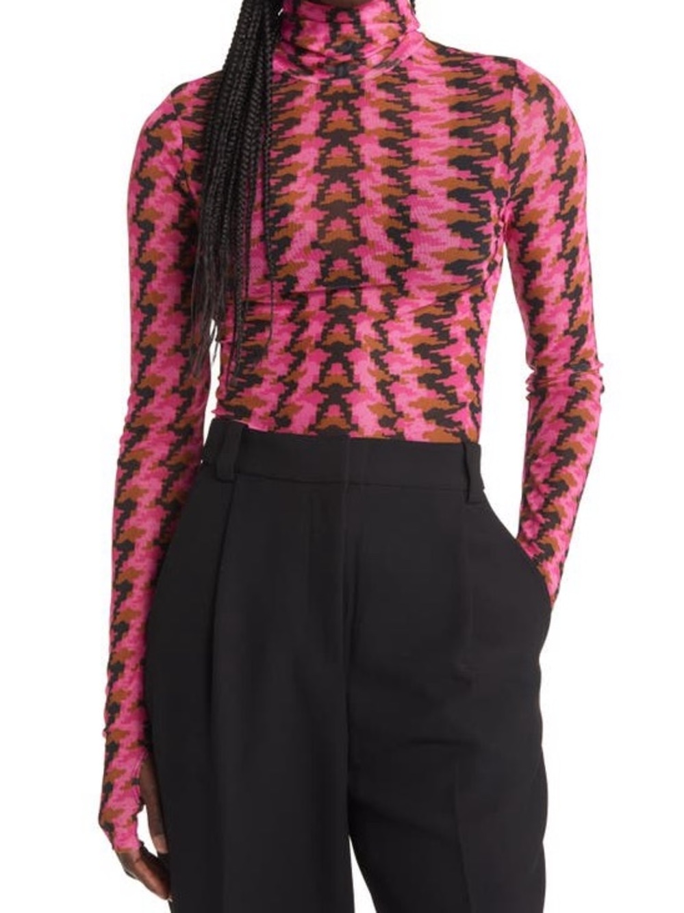 AFRM Pink and Brown Patterned Long-Sleeve Mock Neck Top
